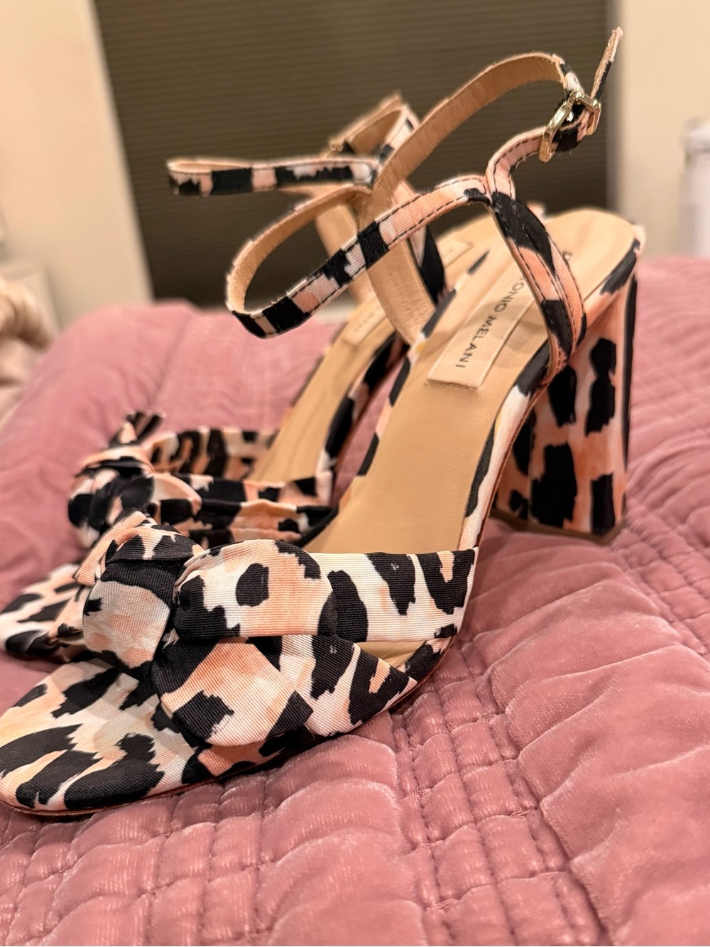 Antonio Melani Leopard Print Block Heel Sandals in Pink and Black -